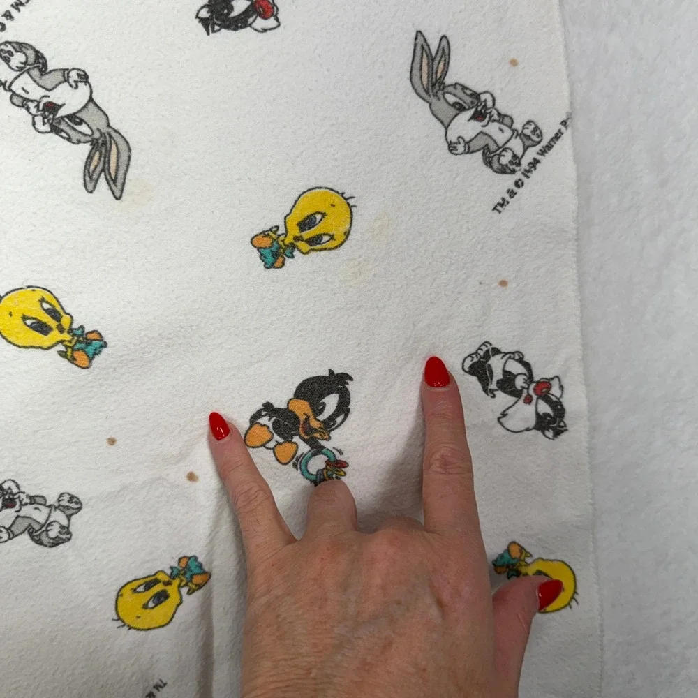 Warner Bros Baby Blanket Looney Tunes 1994 Vintage Flannel White Nursery Baby